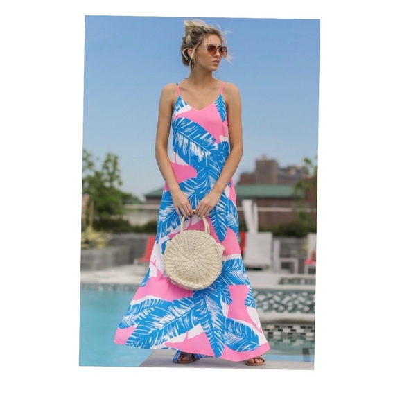 TROPICAL PALM SIDE SLIT SUMMER MAXI DRESS - Picture 3 of 4